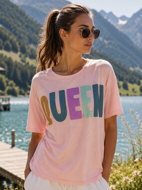 Pink Graphic Tee with Multicolor 'QUEEN' Print